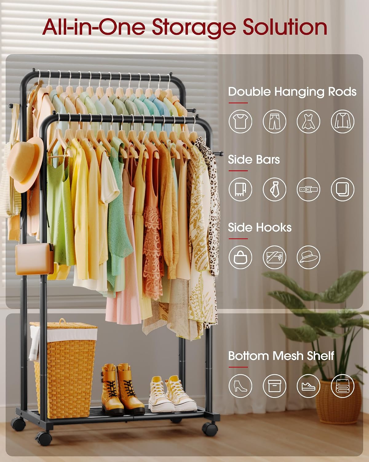 Thumbnail 3 de Sakugi Clothes Rail – Double-Rod Rustproof Clothes Rack with Anti-Slip Stoppers, Mesh Shelf and Wheels