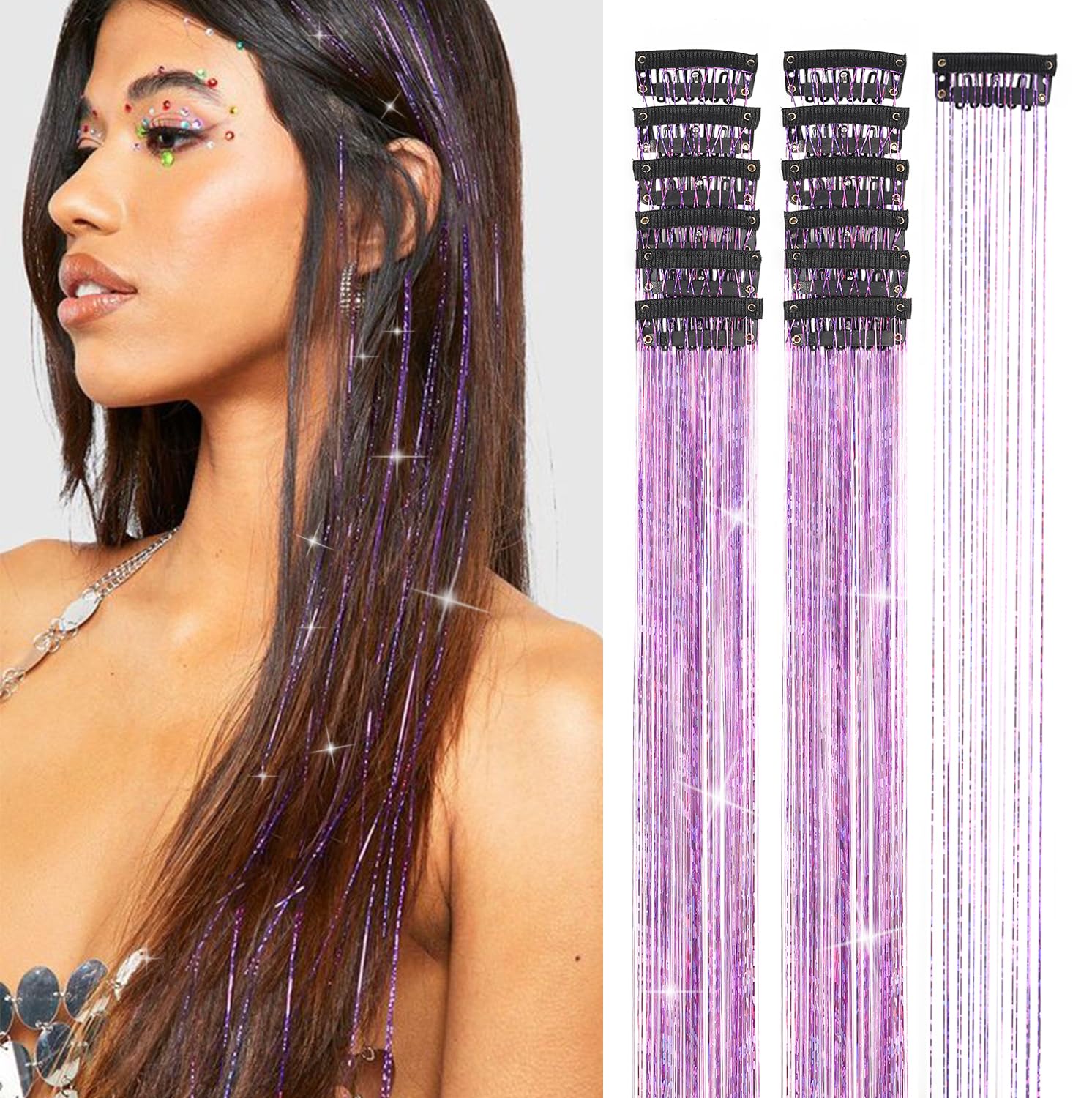 Detalle de Ubeleco Purple Hair Tinsel Clip-In Kit, 12 Clips, 20.5-Inch Strands