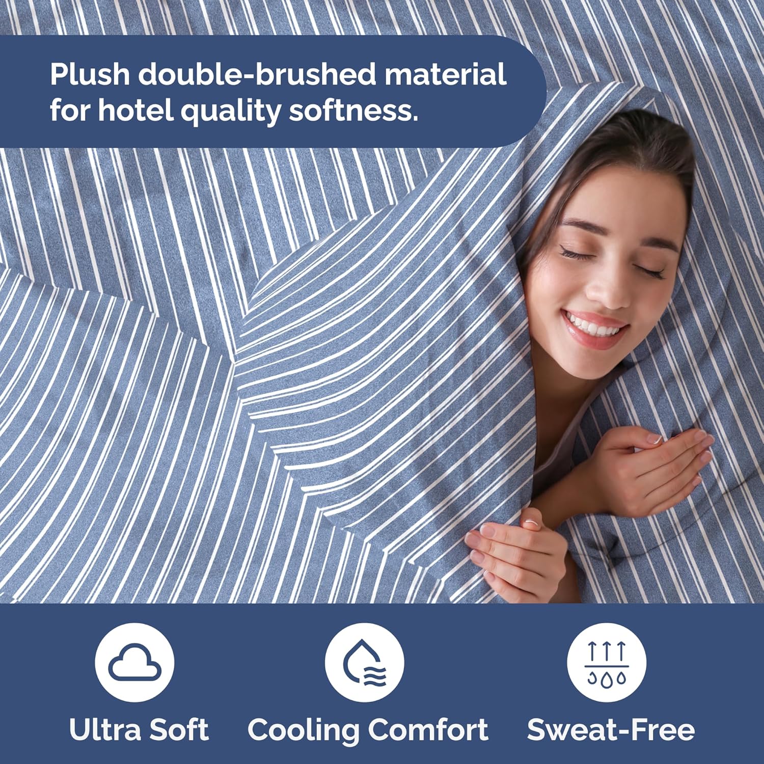 Detalle de Duvet Cover Full Size Set: Ultra-Soft 80x90 with 2 Shams in Blue Stripes