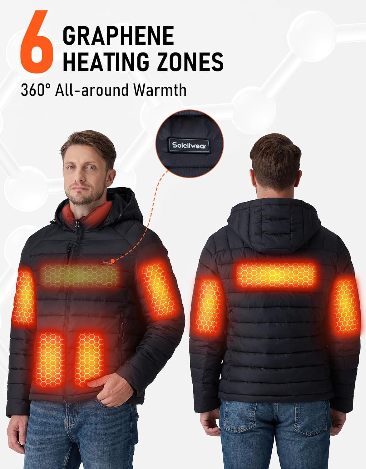 Detalle de Soleilwear Graphene Heated Jacket for Men, 16000mAh Battery, 6 Heat Zones