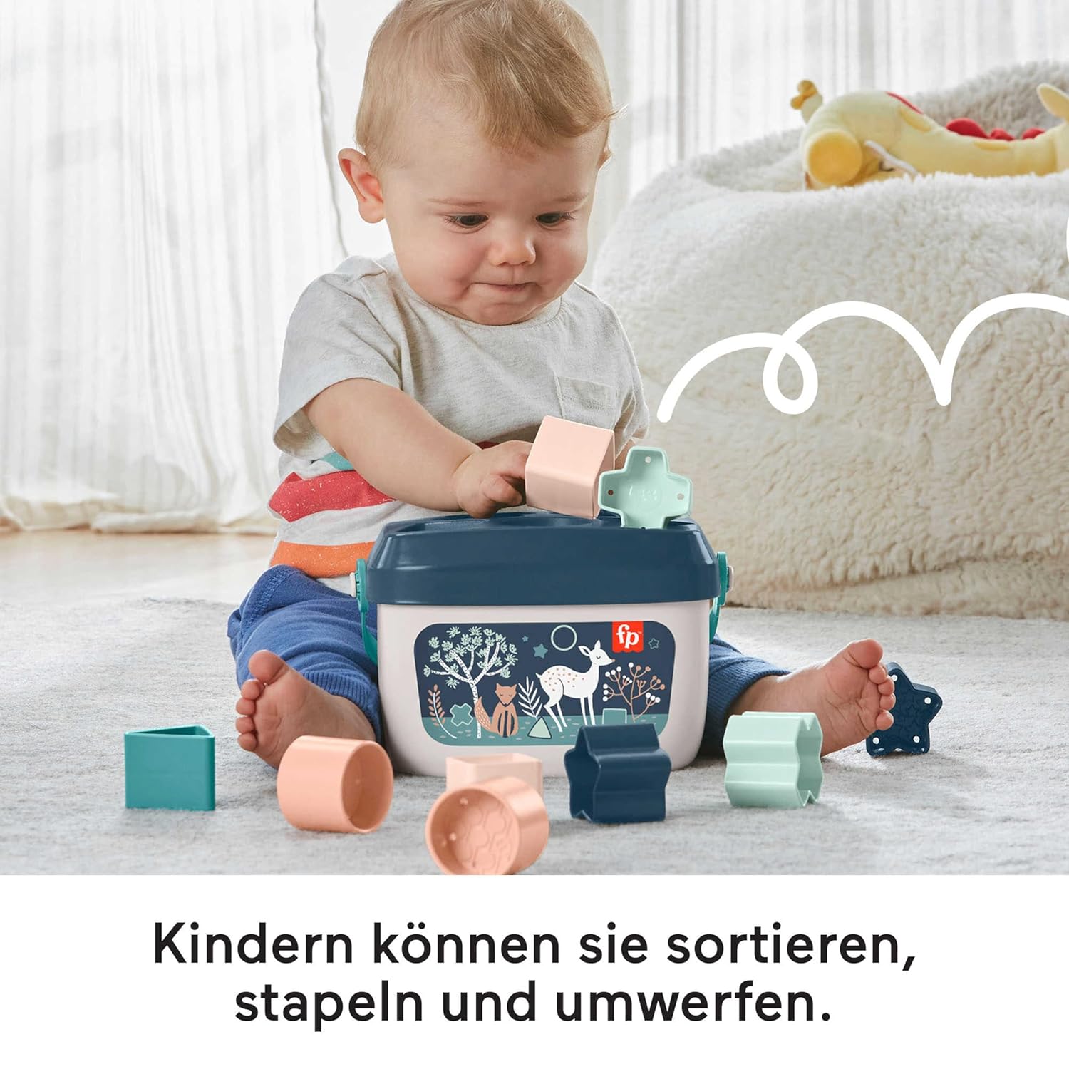 Detalle de Fisher-Price Babys erste Bausteine – Marineblaues Kitz (HJP20): Set mit 10 Bausteinen zum Stapeln und Sortieren