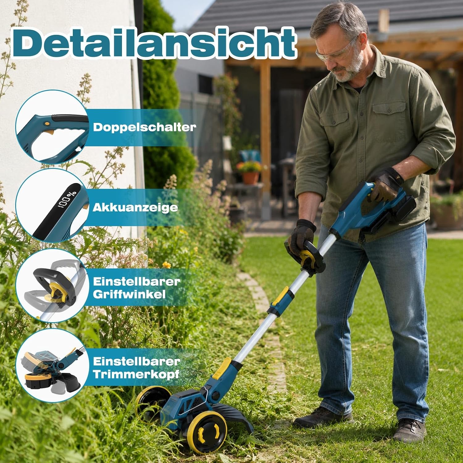 Detalle 2 de Akku Rasentrimmer für Makita-Akkus mit 2x 4,0Ah – 2-in-1 Freischneider und Kantenschneider, 4 Klingentypen