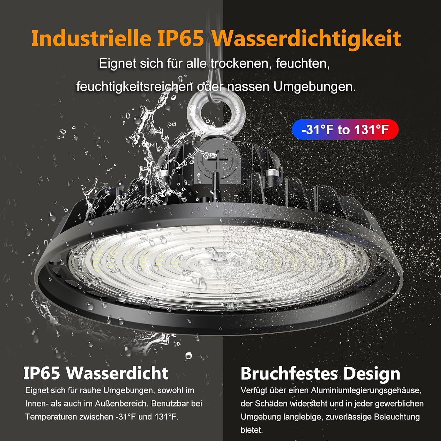 Detalle de RUISUN UFO 150W LED-Hallenleuchte (High Bay) dimmbar, IP65, 6.000 K