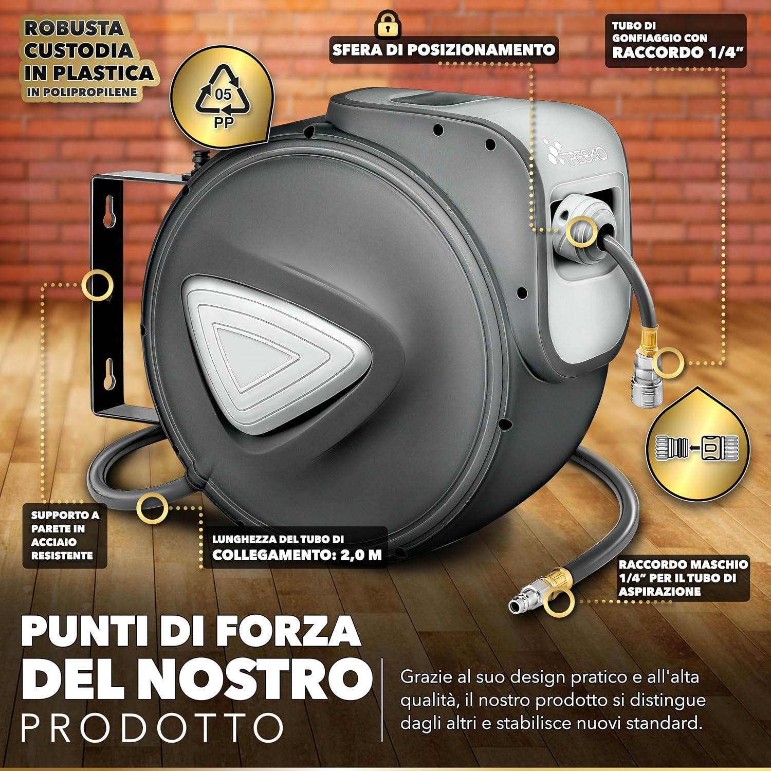 Detalle 2 de TRESKO Avvolgitubo Aria Compressa 15 mt con Tubo — Avvolgitubo Pneumatico 1/4", Arresto Automatico, Riavvolgitore, Blu
