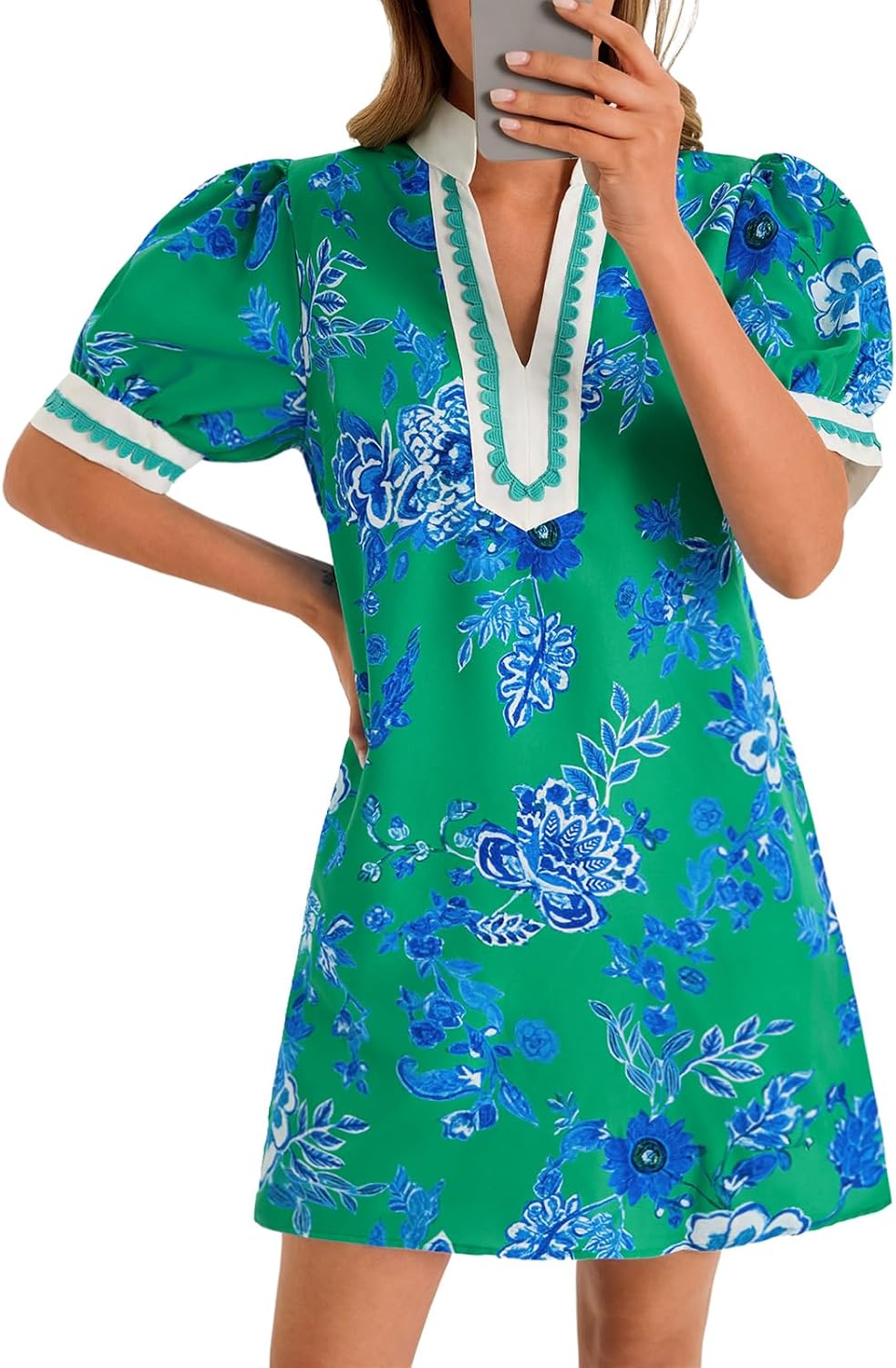 Detalle de Wenrine Womens Summer Mini Dress: Floral Puff Sleeve V-Neck Boho with Pockets