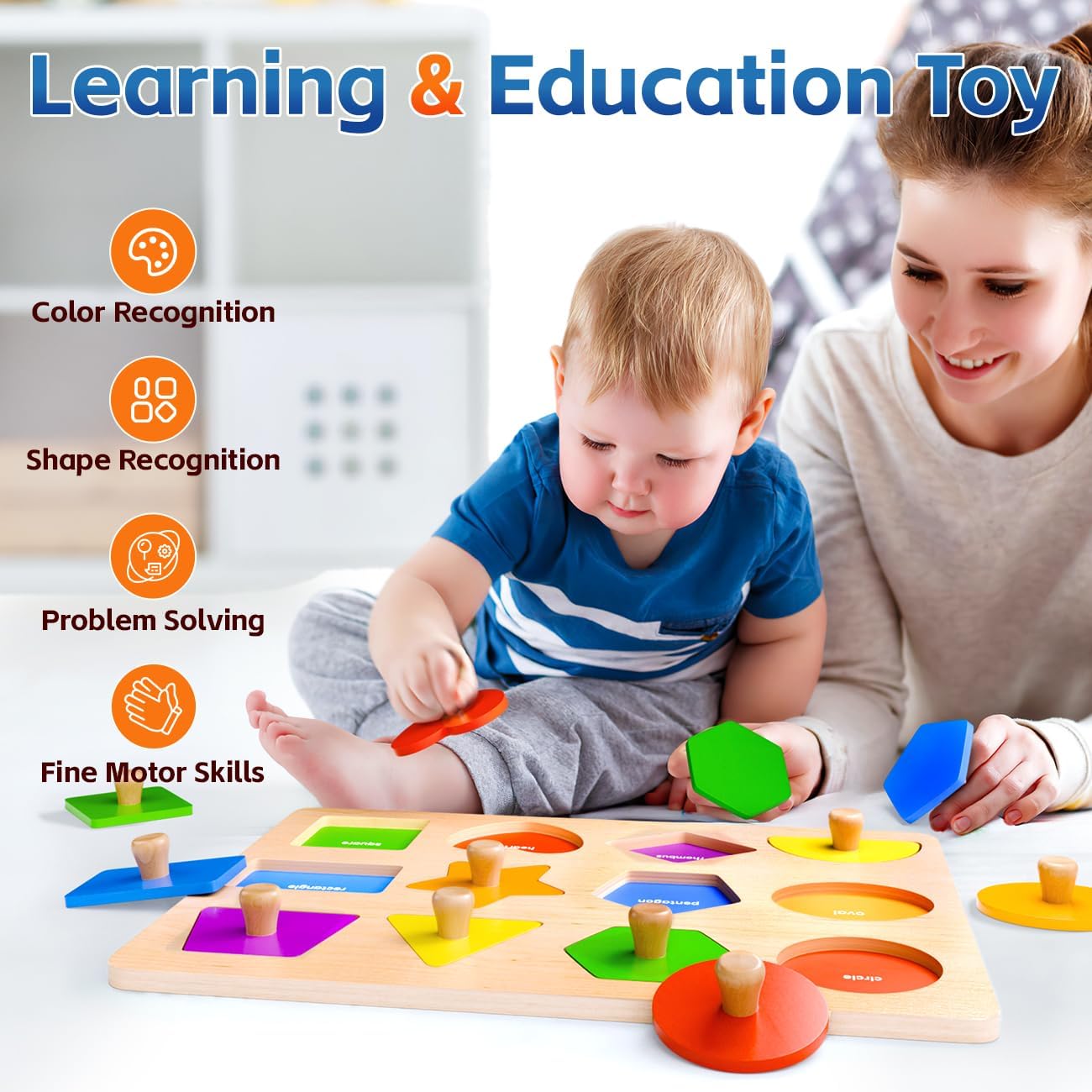 Thumbnail 1 de Wooden Shape Peg Puzzles for Toddlers (12–24 Months) – Montessori-style shape sorter & colour match wooden board