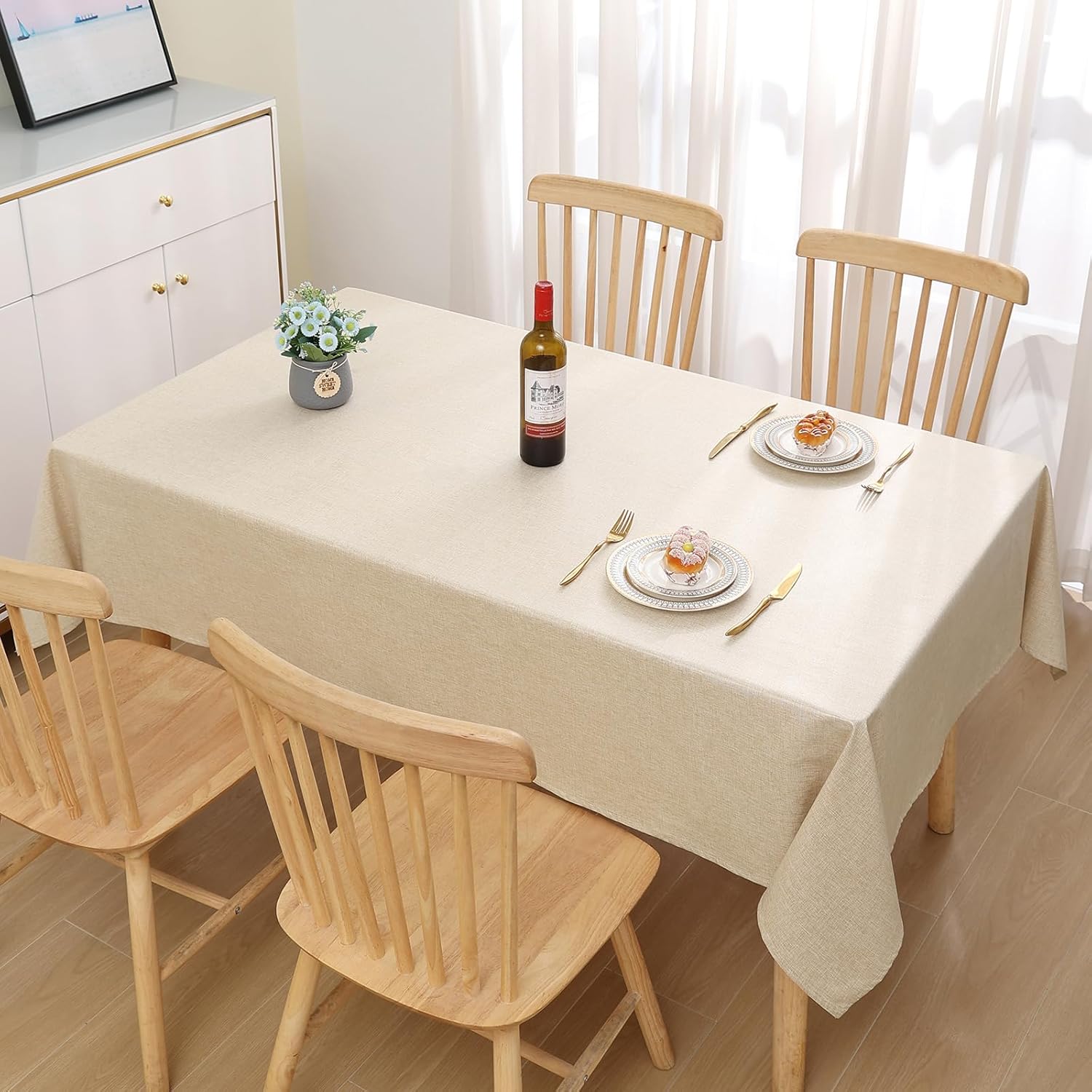 Thumbnail 6 de Homaxy Leinenoptik Tischdecke mit Lotus-Effekt, abwaschbar und wasserabweisend (beige, eckig, 140 x 300 cm)