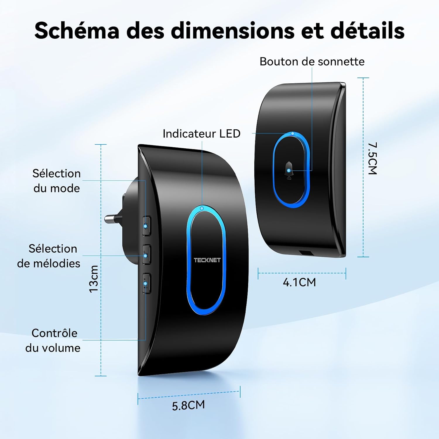Detalle de TECKNET Sonnette sans fil extérieure IP65 — Kit émetteur et récepteur, 400 m, 60 sonneries et 5 niveaux de volume
