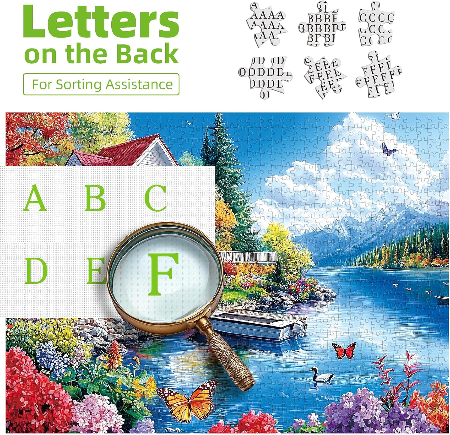 Detalle 2 de PuzzOne 1000-Piece Jigsaw Puzzle: Lakeside Cottage Mountain Scene for Adults