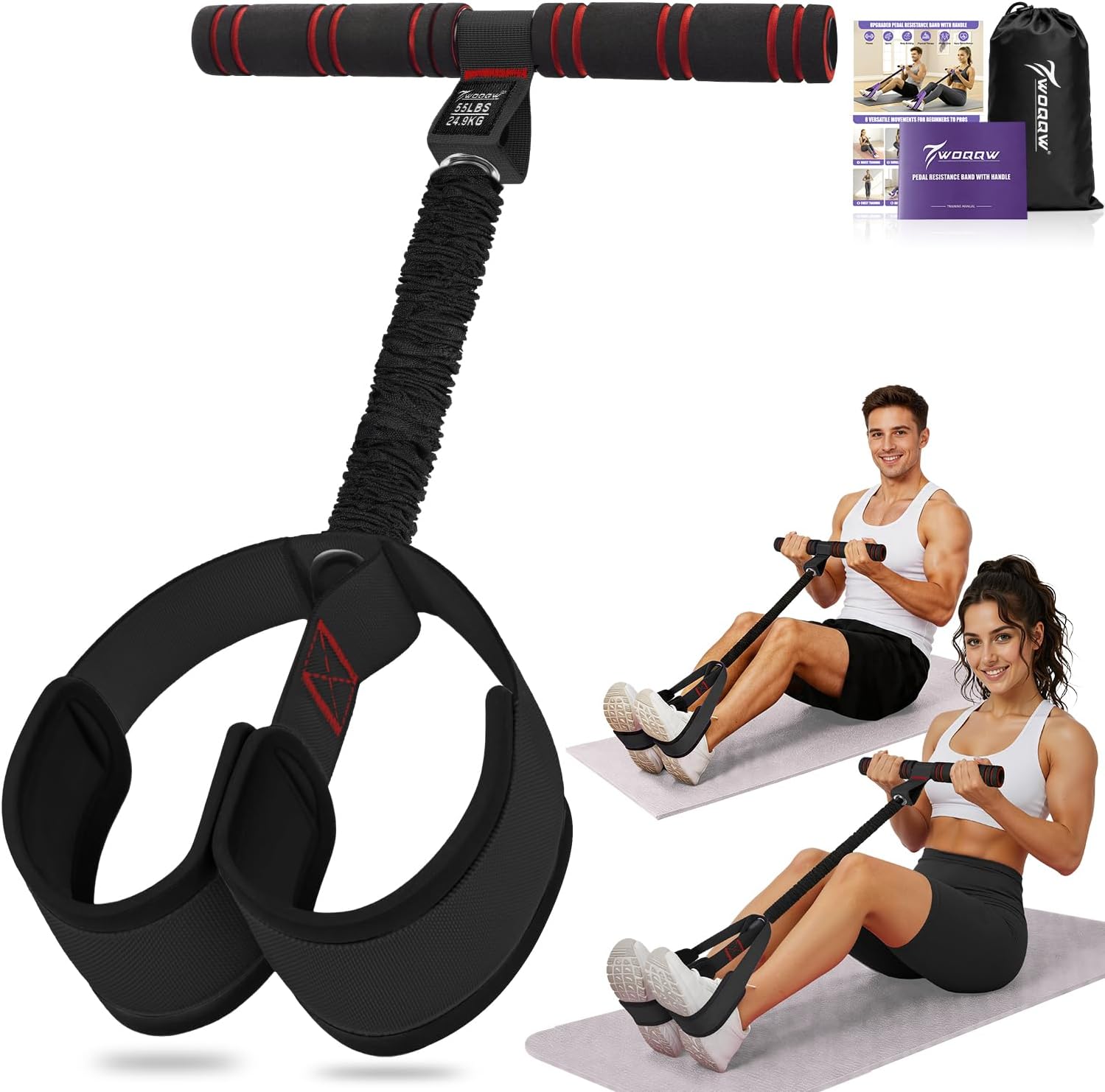 Detalle de WOQQW pedal resistance bands with handle, double-layer latex, 55 lb