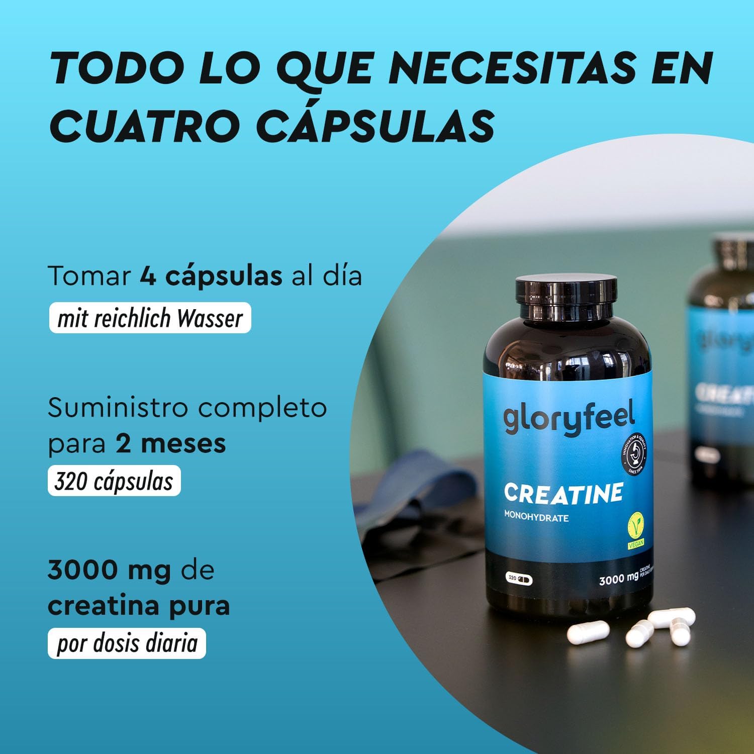 Detalle 2 de Creatina Monohidratada 3.412mg - 320 Cápsulas 💪 Para Mass Fitness