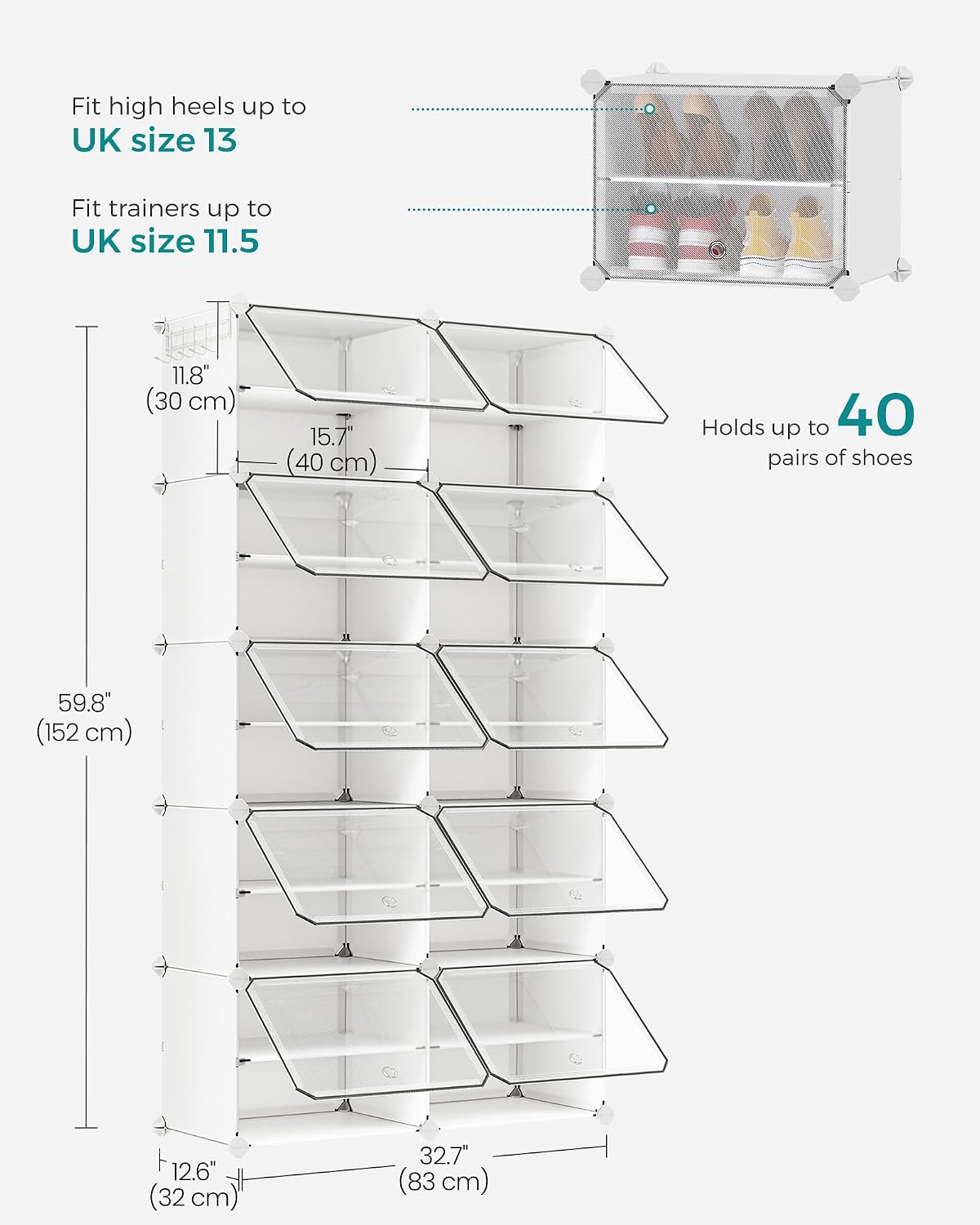 Detalle de SONGMICS LPC035W01 Interlocking Shoe Rack, 10 Compartments, Steel Frame, White
