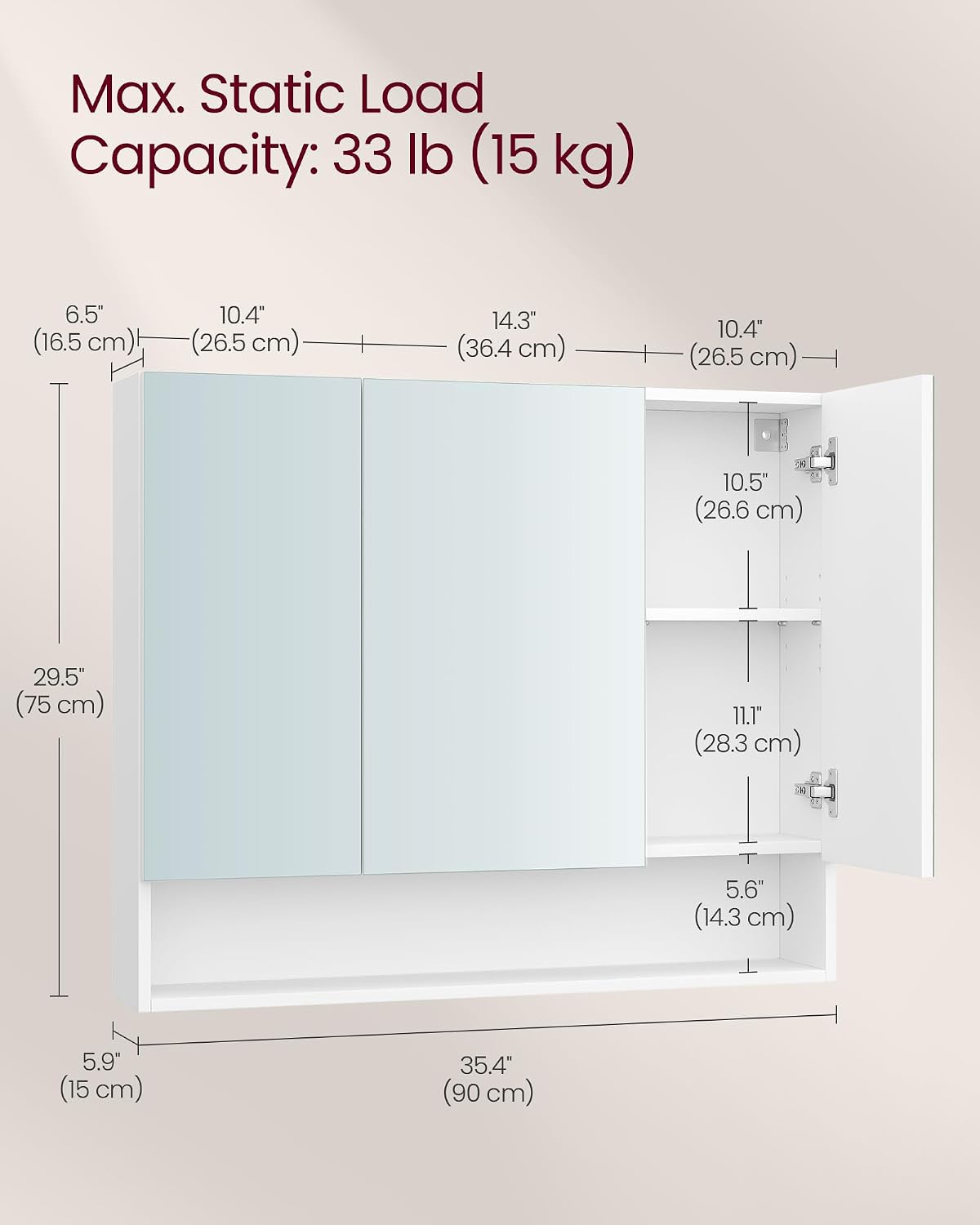 Detalle de VASAGLE KAILYN BBK130W01 Bathroom Mirror Cabinet, 3 Mirrored Doors, Adjustable Shelves