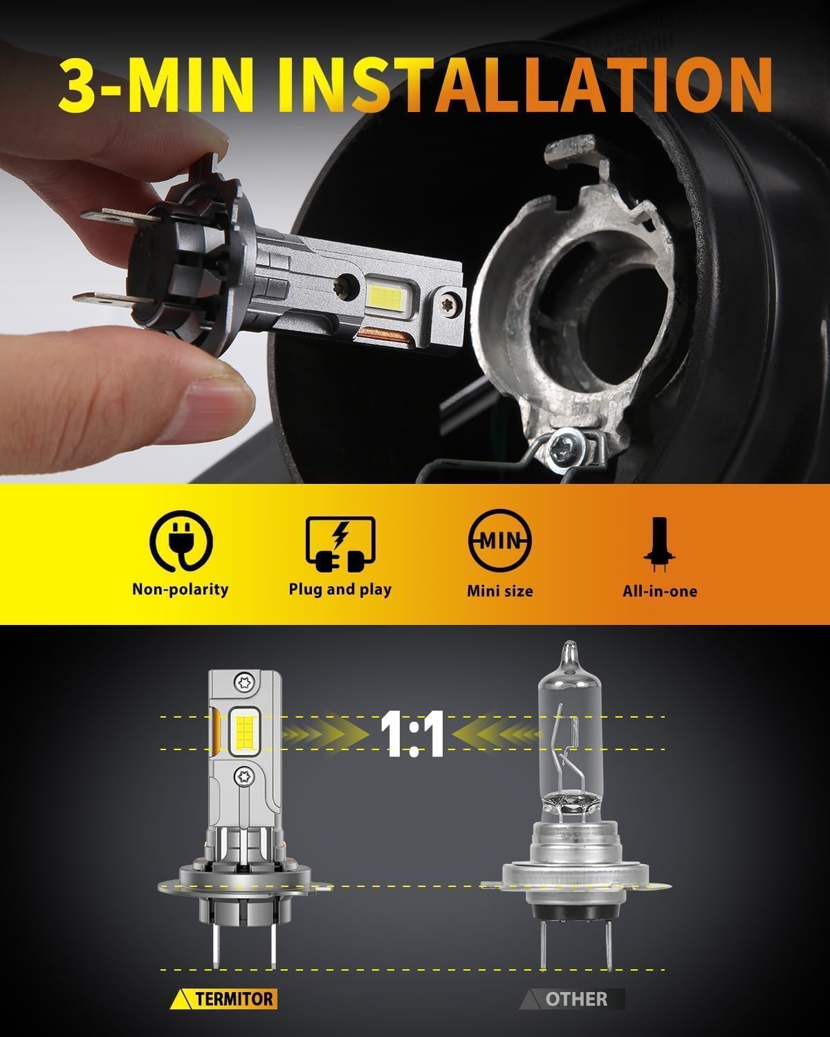 Detalle de Termitor H7 LED Light Bulbs (80,000LM) — Plug-and-Play, IP68 Waterproof, 1:1 Halogen Size, Pack of 2