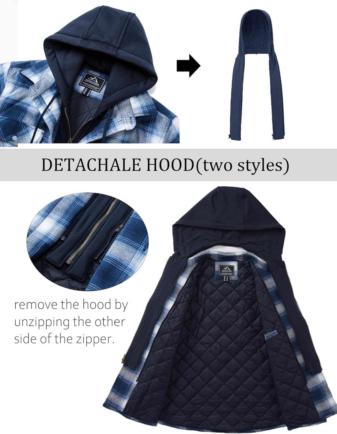 Detalle 2 de TACVASEN Men's Quilted-Lined Plaid Flannel Shacket with Detachable Hood
