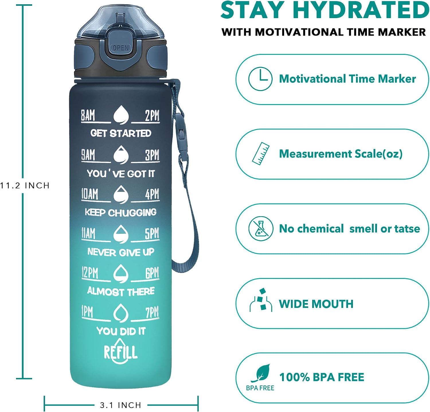 Detalle 2 de Enerbone Wasserflasche 32 oz Water Bottle with Straw, Time Markers and Carry Strap