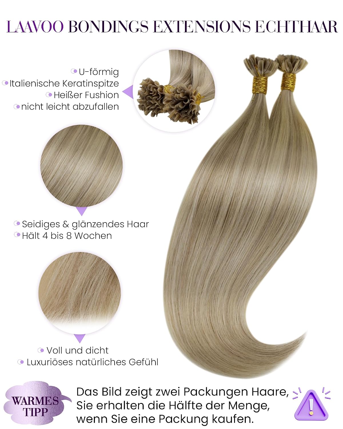 Detalle 2 de LaaVoo Haarverlängerung Echthaar Keratin Blond Platinblond 40 cm, 50 g, 50 Strähnen