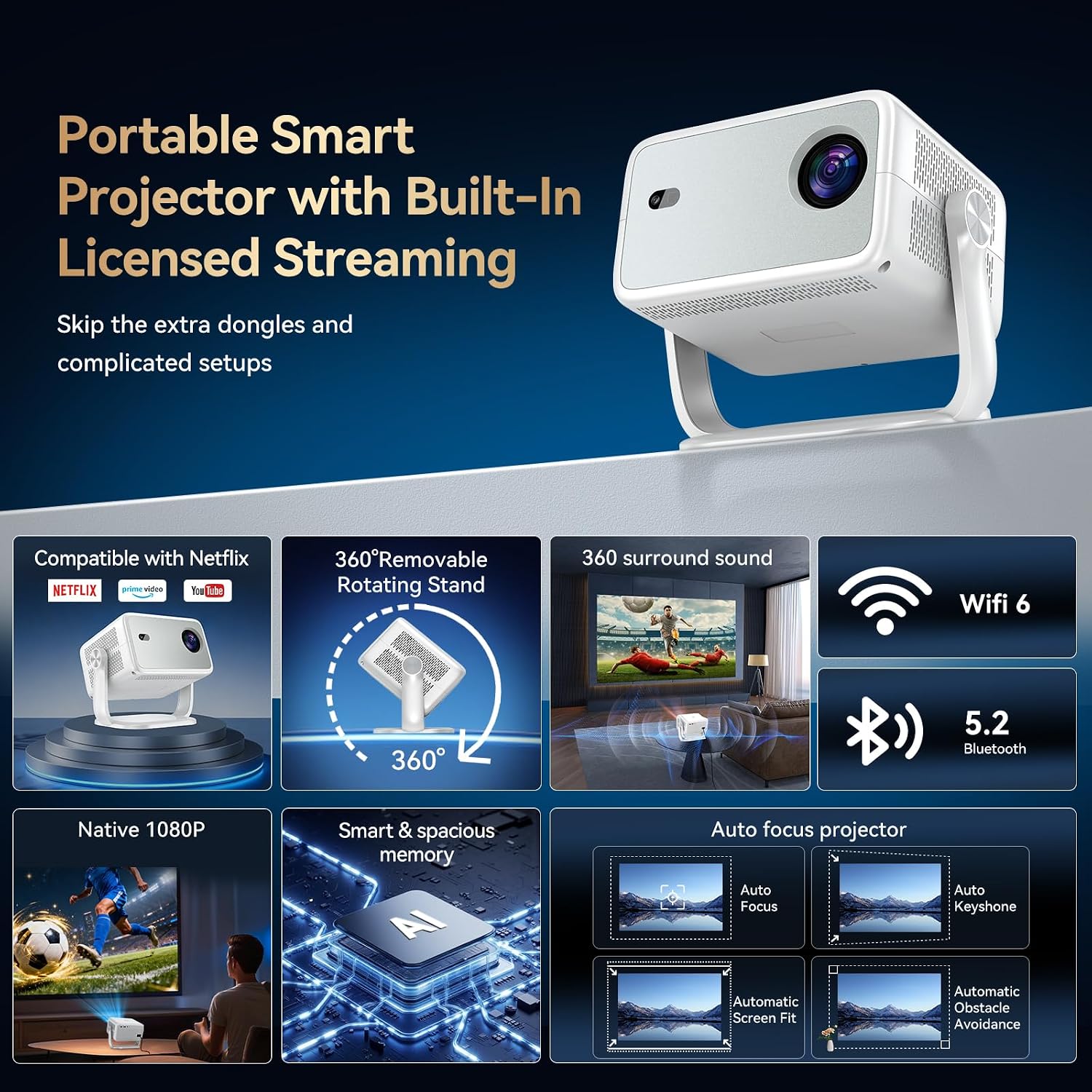 Thumbnail 1 de Smart 4K Projector with AI Whale OS, Auto Focus & 360° Gimbal Stand — A practical home cinema companion