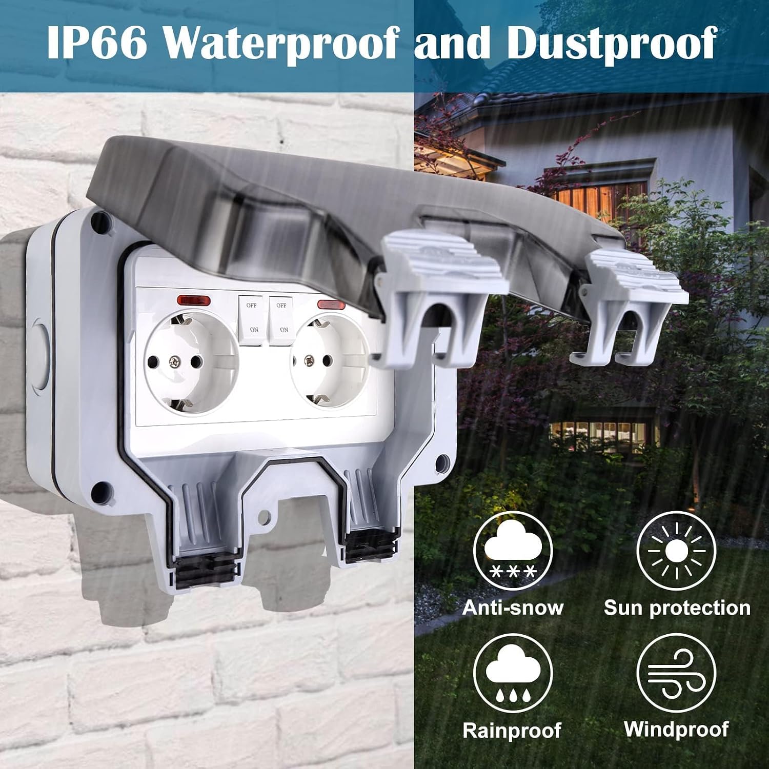 Detalle 2 de HOSPAOP MPG2-G dubbel buitenstopcontact IP66 met schakelaars en klapdeksel