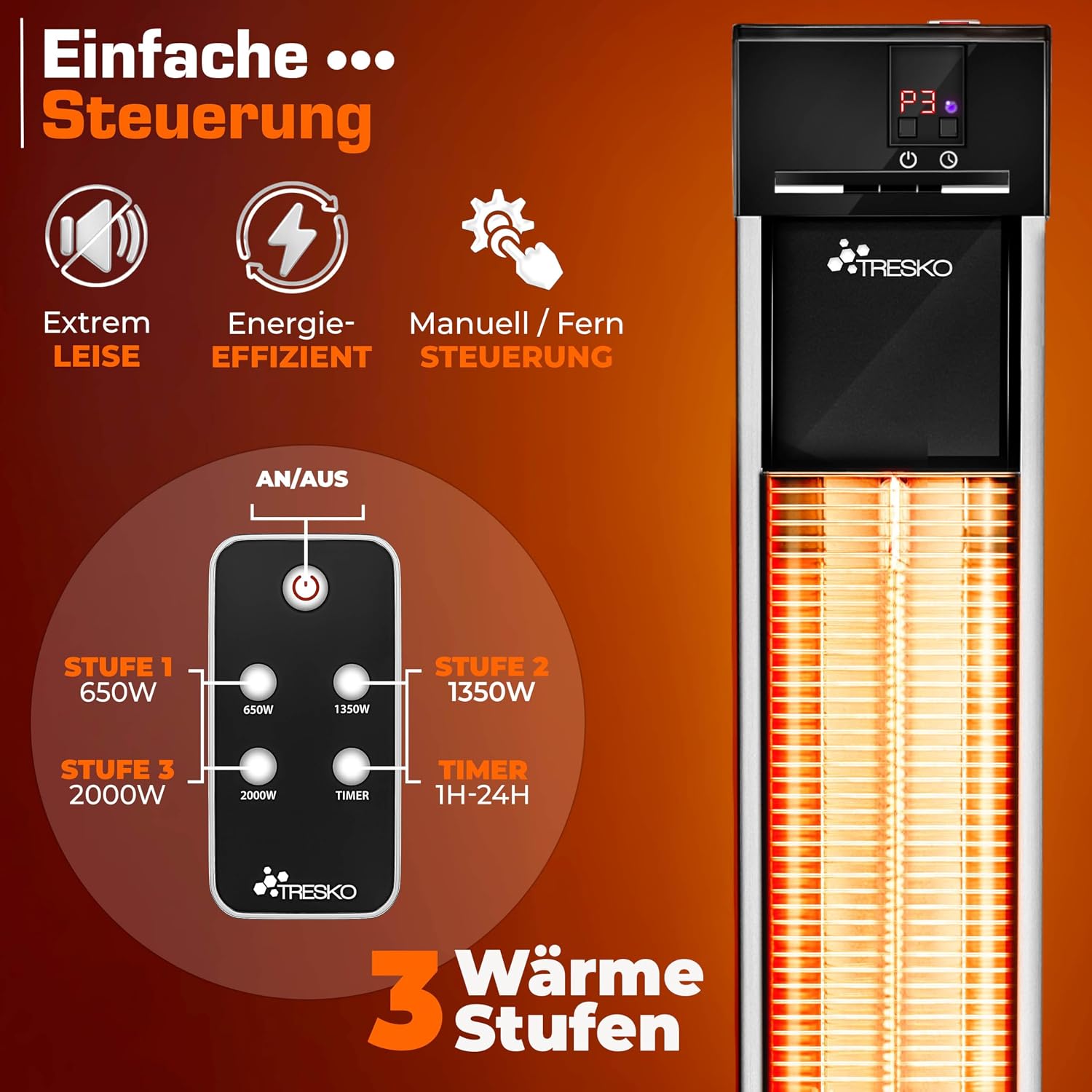 Detalle de TRESKO THSL-009 staande infrarood terrasverwarmer, 2.000 W, 3 standen