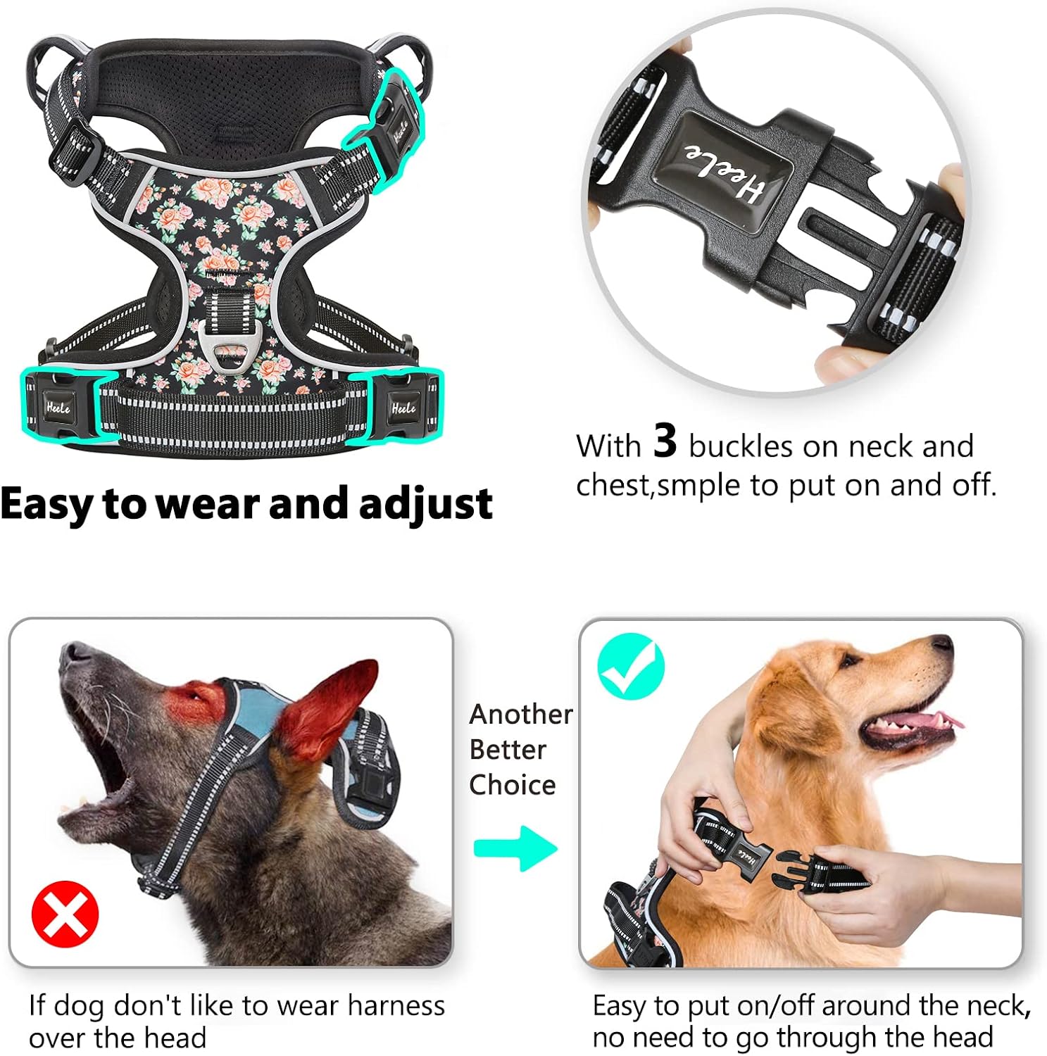 Detalle de HEELE No-Pull Dog Harness Small (Size S) – Floral-Black, Reflective, Front & Back Leash Rings