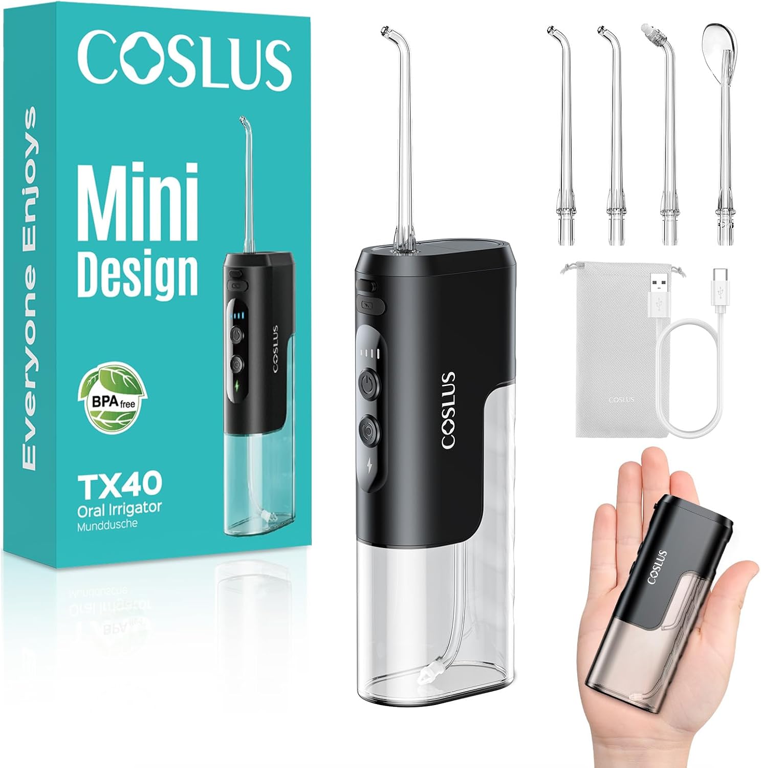 Detalle de COSLUS T40 draagbare monddouche met 4 standen en IPX7-bescherming