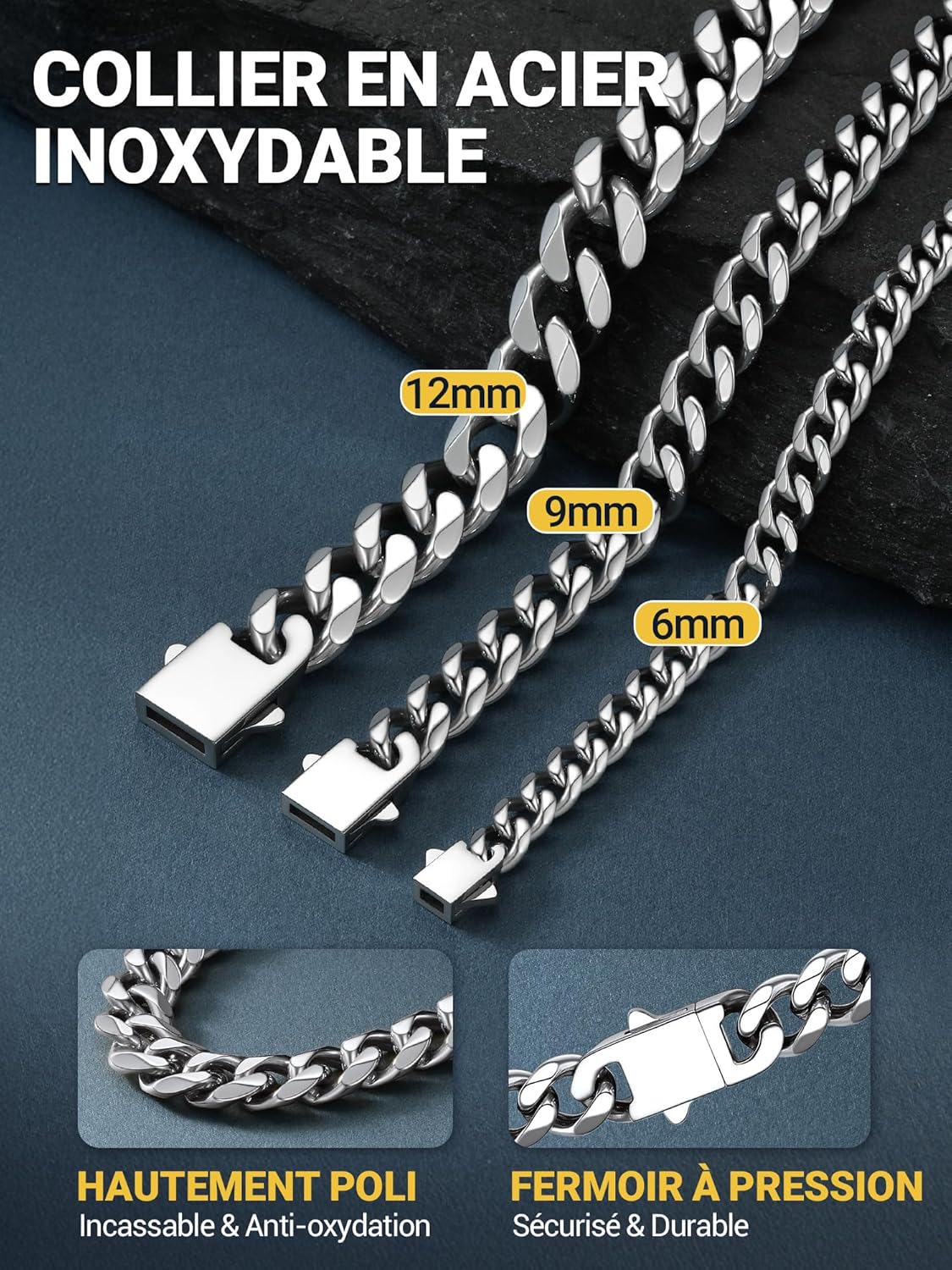 Thumbnail 5 de PROSTEEL Collier homme chaîne cubaine en acier inoxydable / plaqué or, noir mat (6–9–12 mm) — longueurs au choix