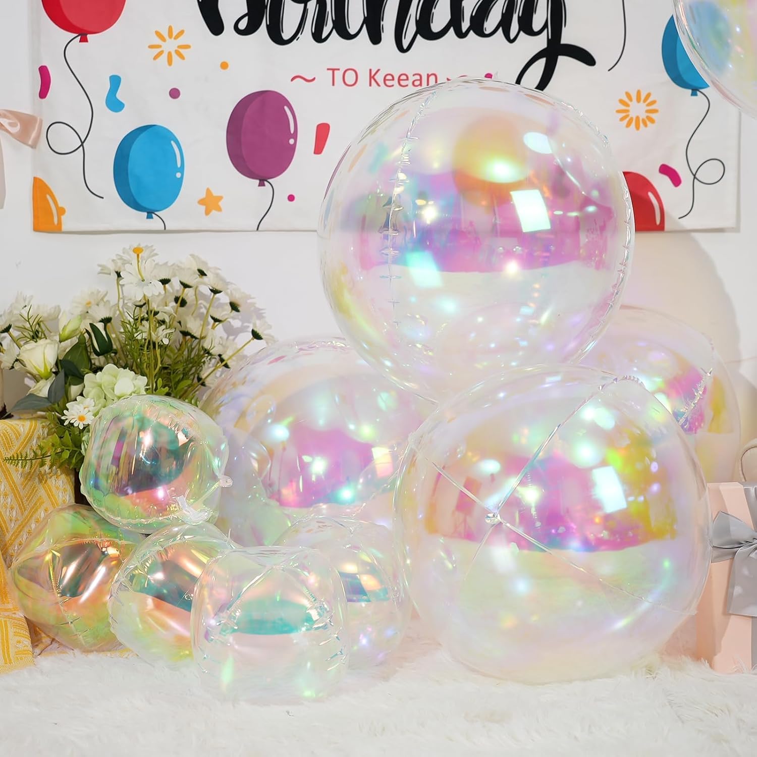 Thumbnail 3 de 12Pcs Iridescent Round Foil Balloons – 22", 15", 10" 4D Clear Balloons for Party Decor