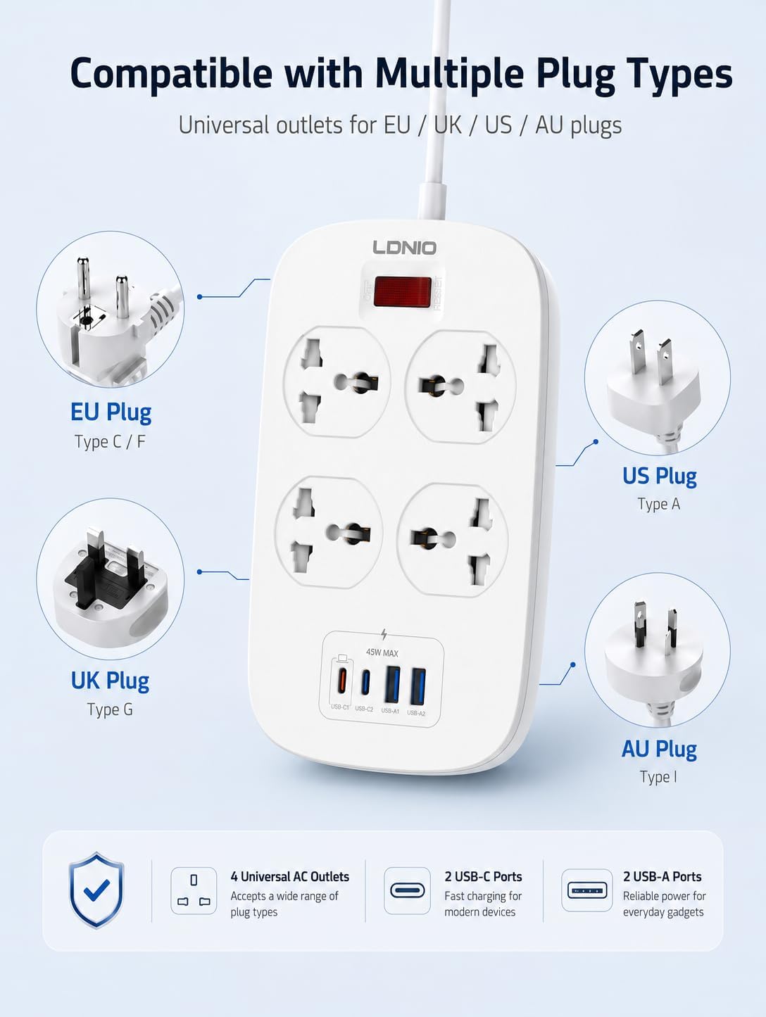 Thumbnail 1 de MANTO CZ-4P-3U1QC stekkerdoos met 4 stopcontacten, 4 USB-poorten en 2 m kabel