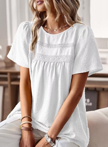 Thumbnail 1 de TUUHAW Chemisier Boho à manches courtes – Col rond, Blanc