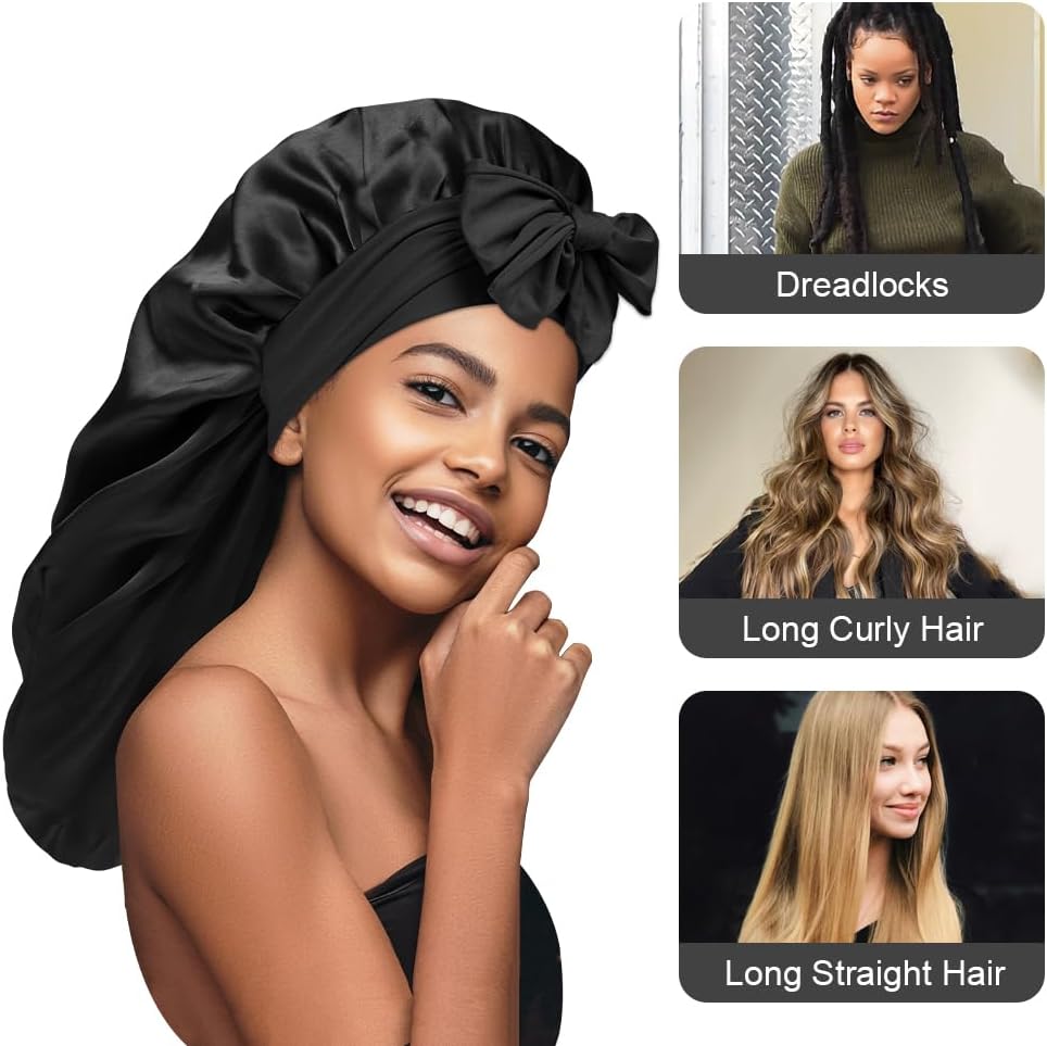 Detalle 2 de ACWOO Bonnet de sommeil en satin avec bande élastique, noir, taille L