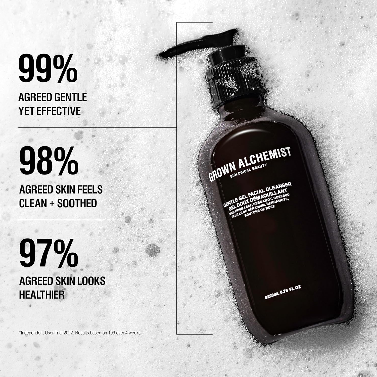 Detalle de Grown Alchemist Facial Cleanser, Gentle Gel Cleanser Geranium Leaf, Bergamot & Rosebud Oil (200 ml)