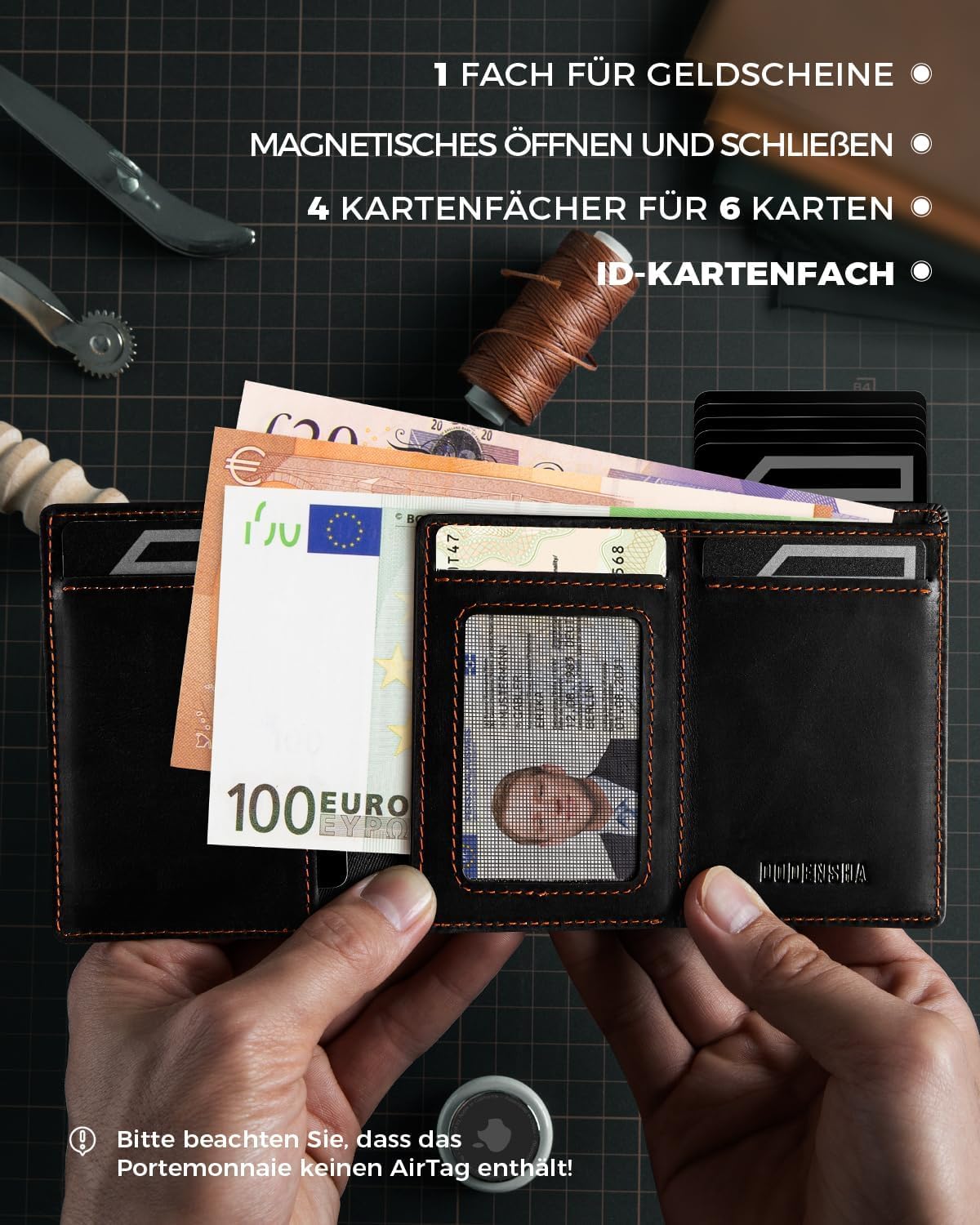 Detalle de DODENSHA AirTag porte-cartes homme avec protection RFID/NFC et porte-monnaie (Noir/orange)