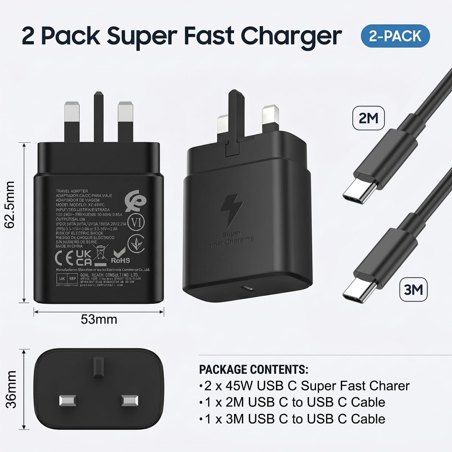Detalle de 45W Super Fast USB-C Charger for Samsung Galaxy (2-Pack) with 2m & 3m Cables