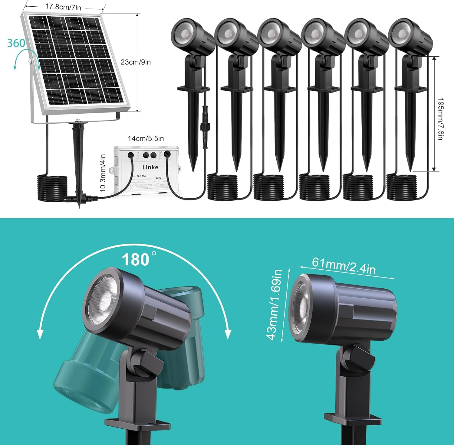 Detalle 2 de Linke Solar Spot Lights Outdoor Garden (2700K/4000K/6000K) Adjustable 6-in-1 LED Solar Uplighters, IP66 waterproof