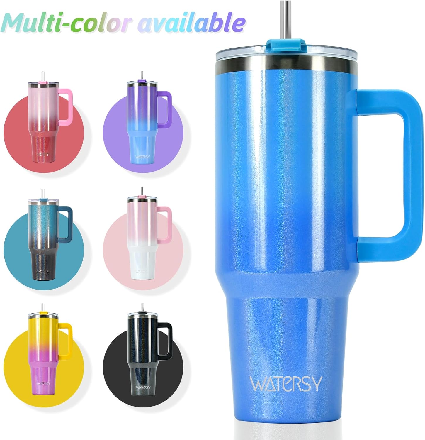 Detalle de WATERSY 40oz Tumbler with Straw and Lid – 1182ml Stainless Steel Vacuum Insulated Travel Mug (Blue)