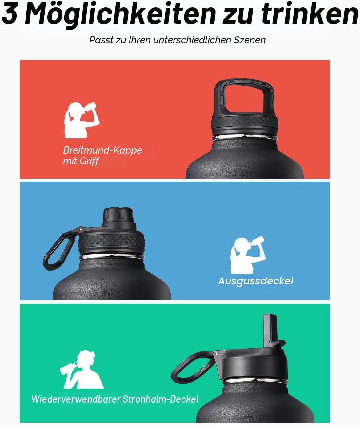 Detalle de Coolflask Isolierte Wasserflasche 2L – 3 Deckel, Edelstahl 18/8, Doppelwandig, Auslaufsicher