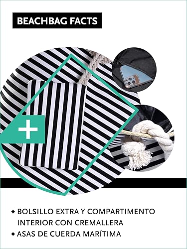 Detalle de Bolso de playa grande con cremallera DonDon — diseño a rayas negro y blanco