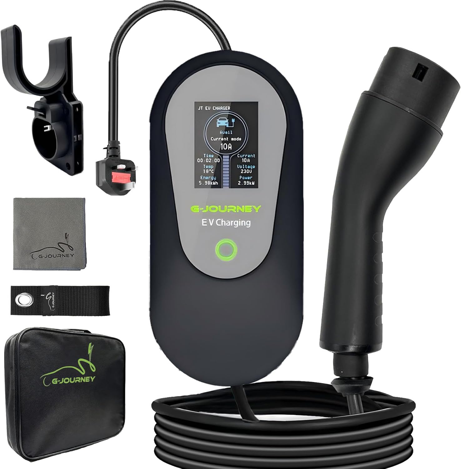 Detalle de G-Journey EV Charger Cable Type 2 to 3 Pin Plug (8m) – Adjustable 6/8/10A, IP65, LED Display