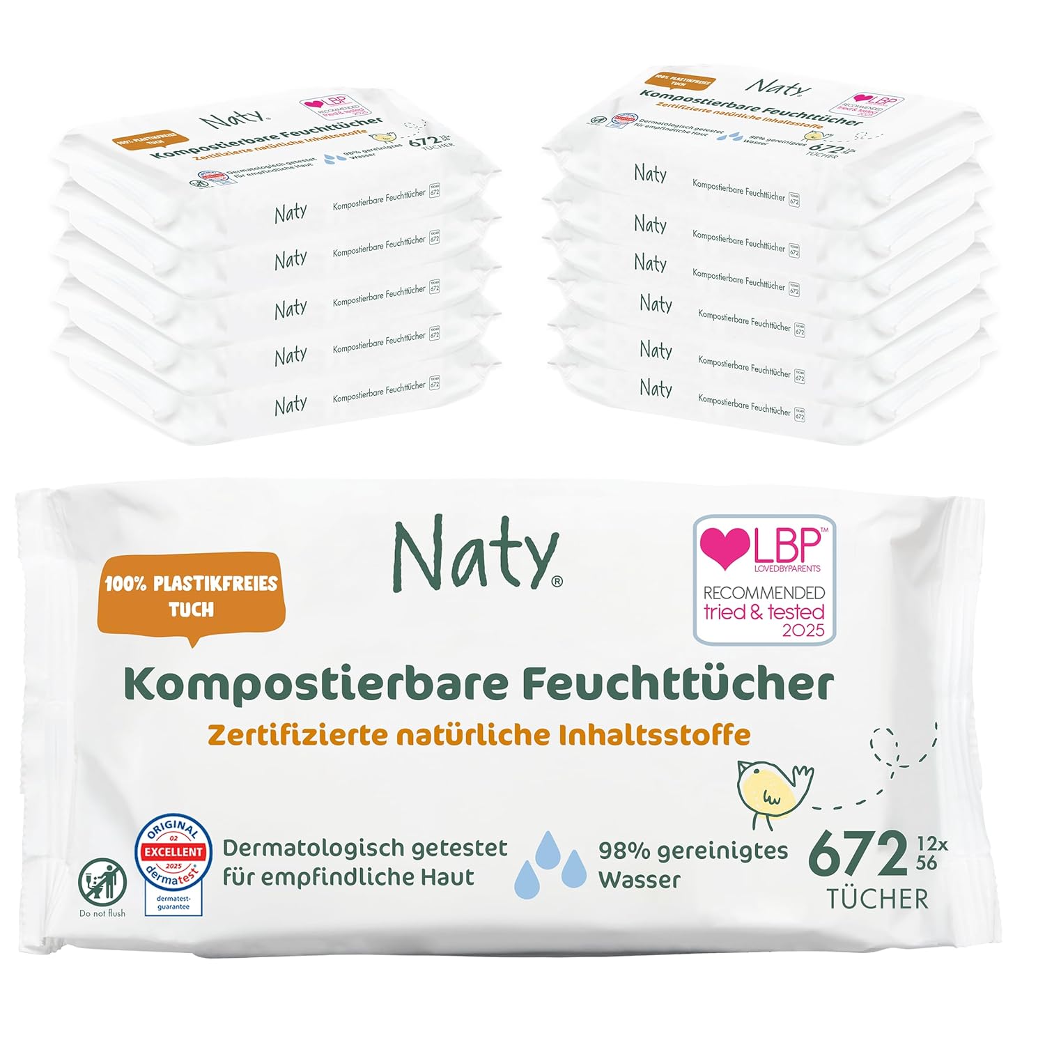 Detalle de Naty Baby Feuchttücher – 100% pflanzenbasiert, unparfümiert und plastikfrei (672 Tücher, 12 Packungen)