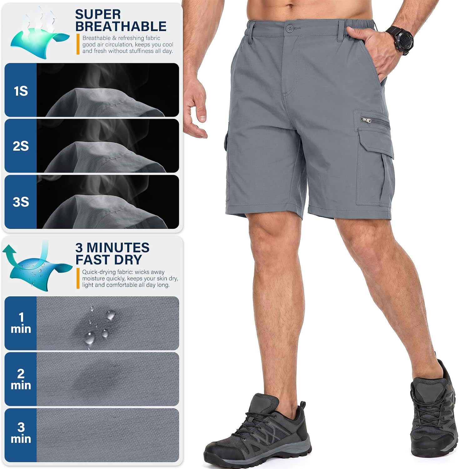 Thumbnail 6 de Jessie Kidden Men's Outdoor Casual Expandable Waist Lightweight Water-Resistant Quick Dry Cargo Shorts