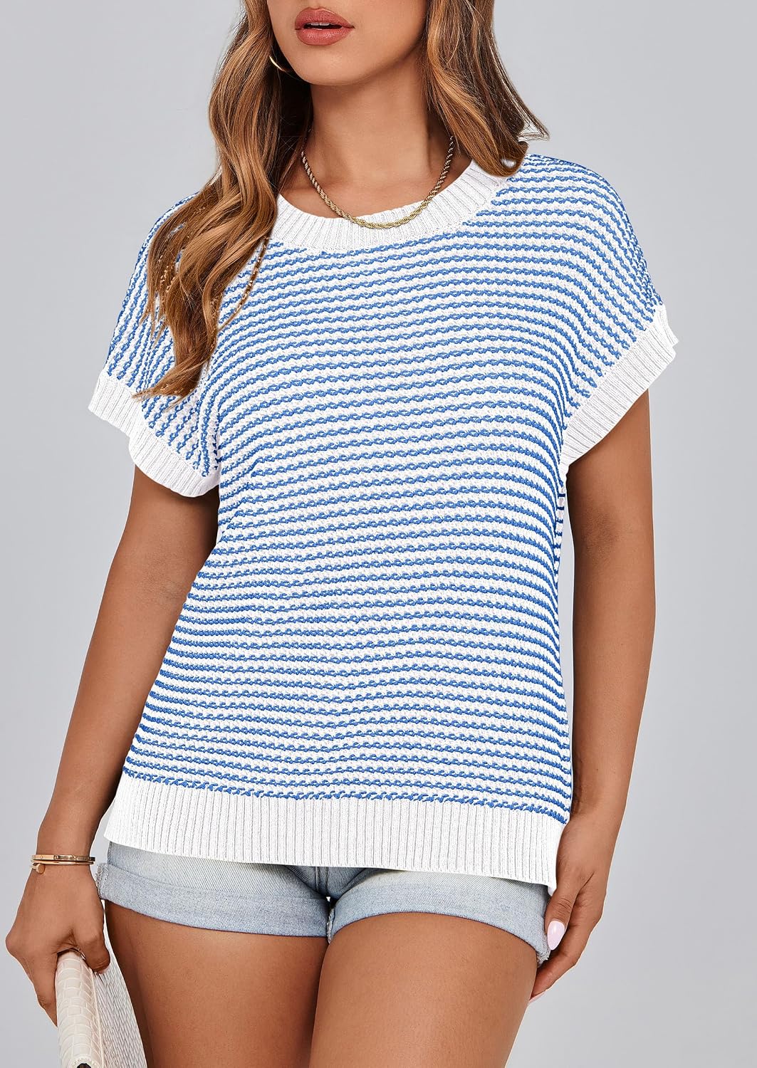 Thumbnail 4 de PRETTYGARDEN Women's Short Sleeve Knit Sweater Vest Top with Stripe and Cap Sleeve