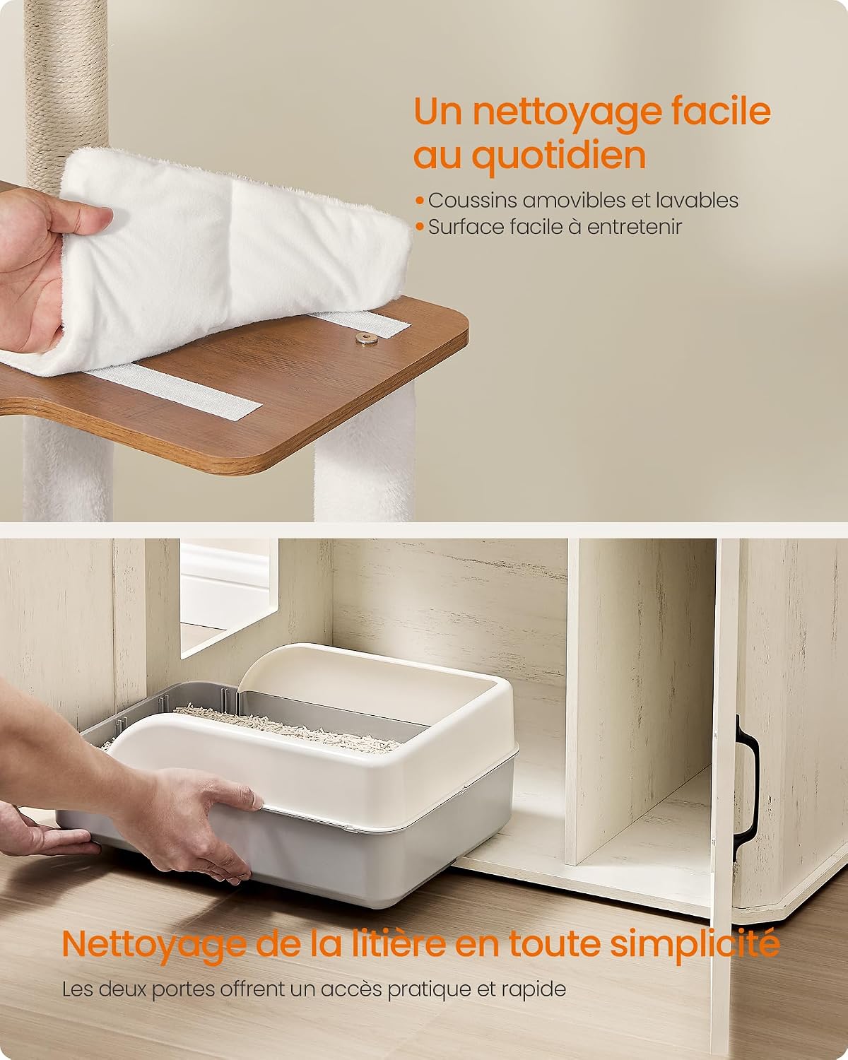 Detalle de Feandrea Arbre à Chat de 170 cm avec Cache-Litière et Accessoires Intégrés – Marron Miel et Blanc Rustique PCT169W201