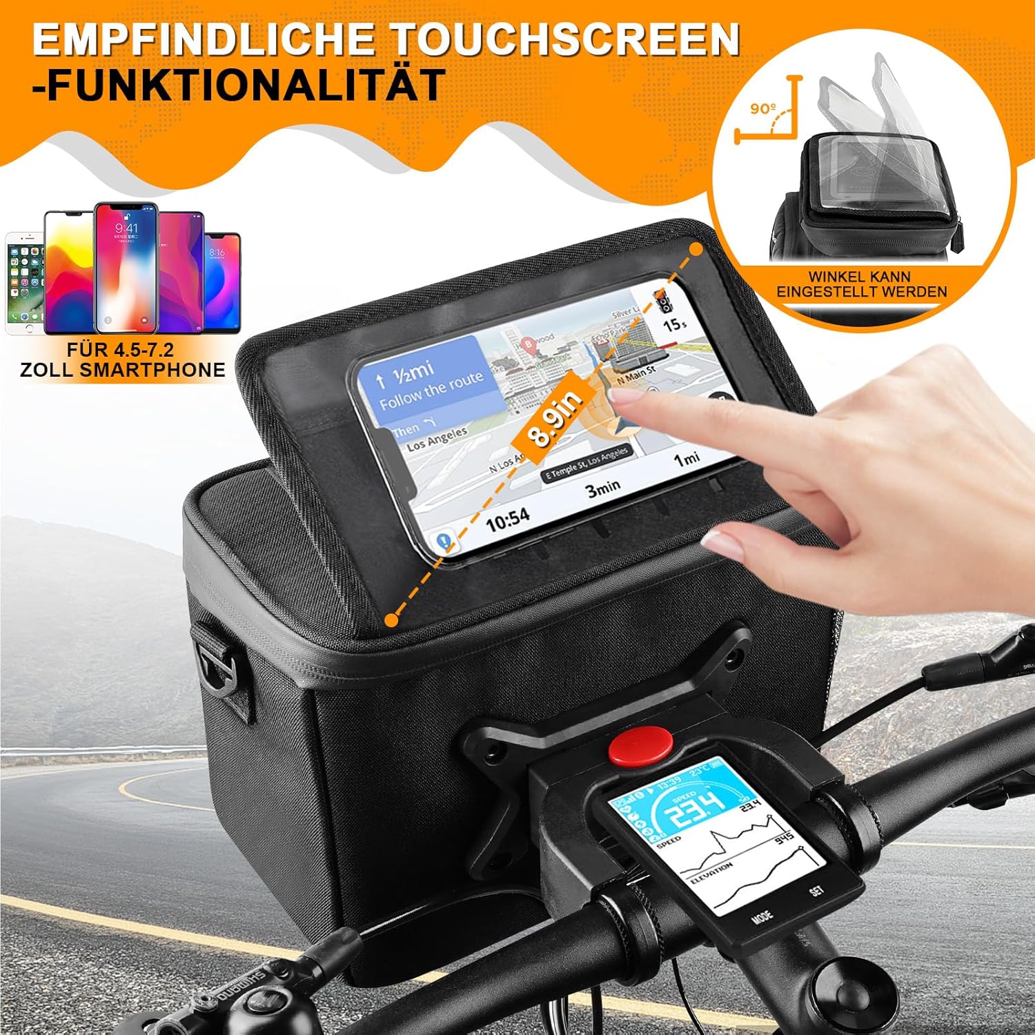 Detalle de GXCROR Lenkertasche Fahrrad 5.5L – Wasserdicht, Touchscreen-Handyhalterung & 3-in-1 Montage