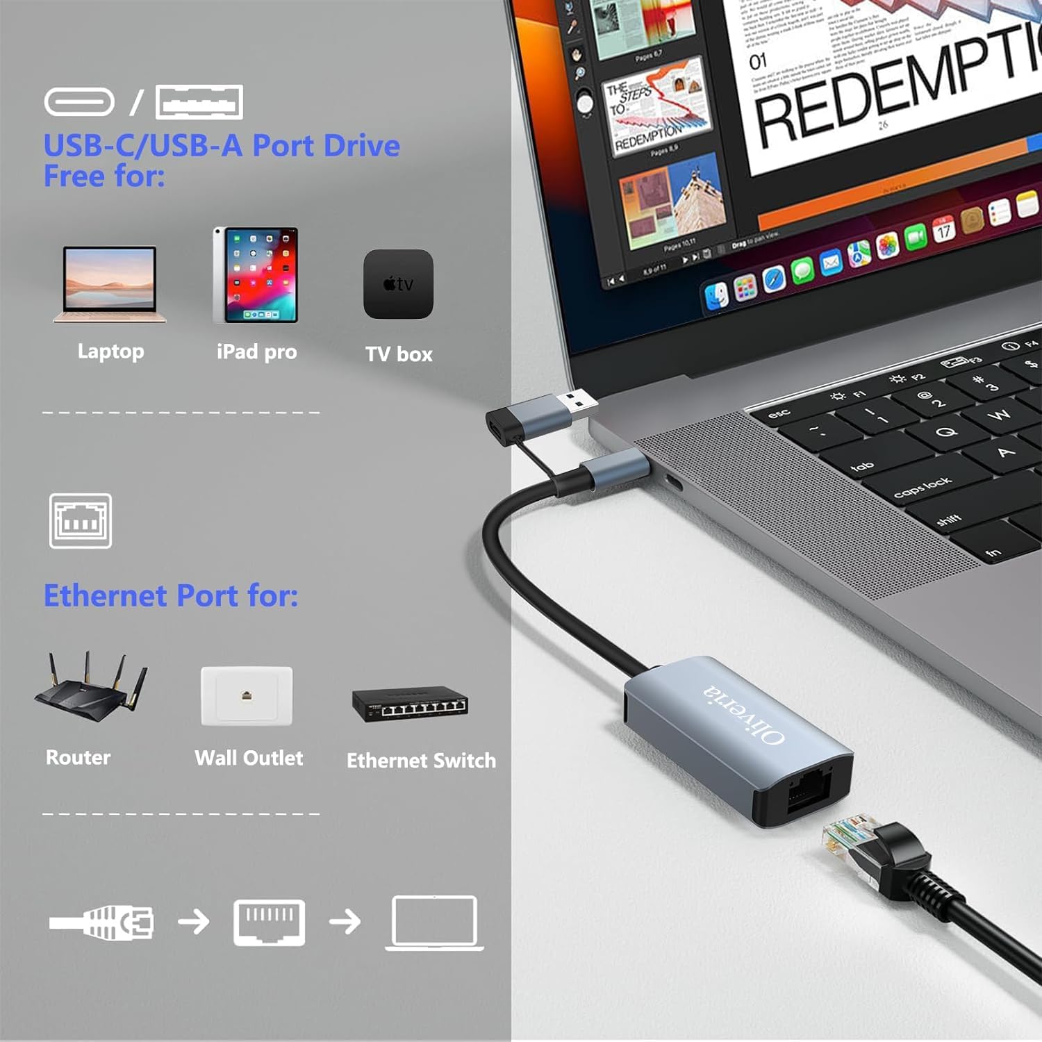 Thumbnail 2 de Oliveria USB-C a Ethernet 1000 Mbps 📡