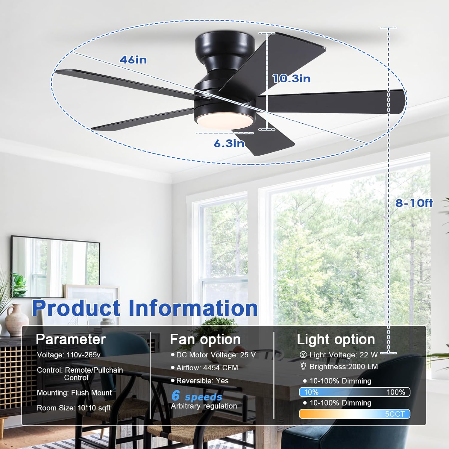Thumbnail 5 de Black Ceiling Fans with Lights - 46" Flush Mount Ceiling Fan with Remote and 5 Reversible Blades