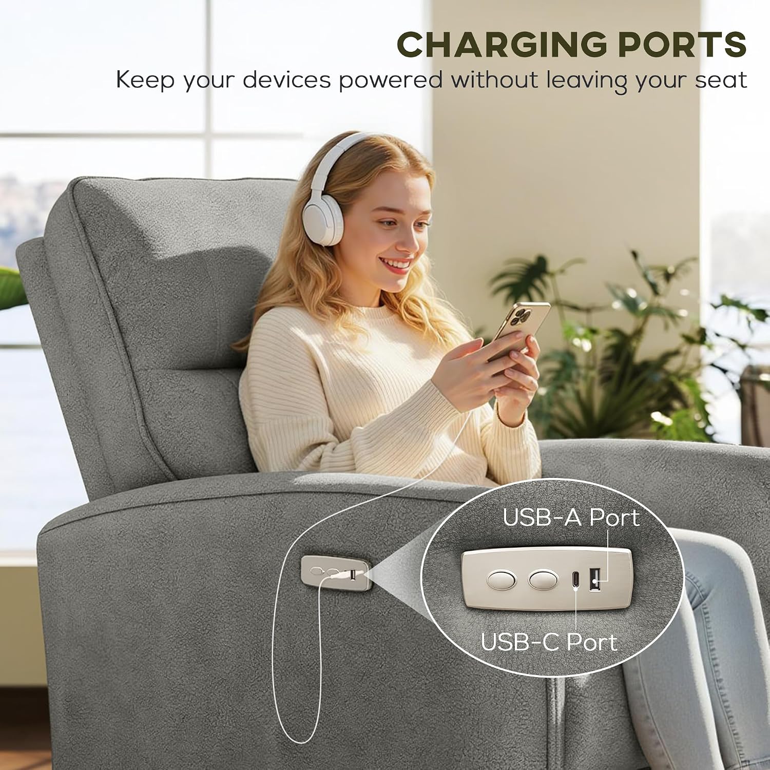 Detalle 2 de HOMCOM Electric Power Recliner Chair, Grey Polyester, USB-A and USB-C