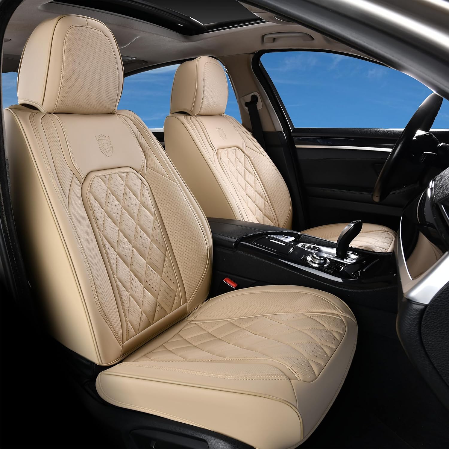 Detalle de Coverado Front Seat Covers (Beige) — Luxury Faux Leather Waterproof Car Seat Protectors for Front Seats