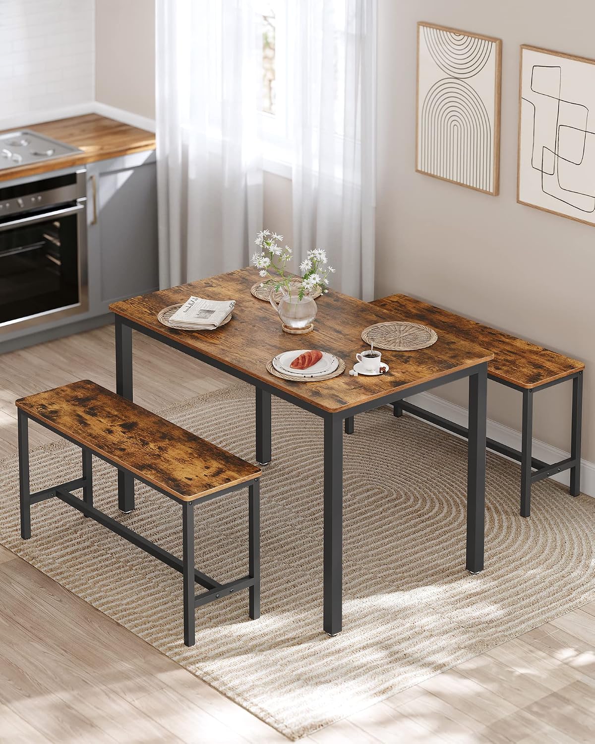 Detalle de VASAGLE BARNET KDT070B01 Dining Table Set, 110 x 70 cm with Two Benches
