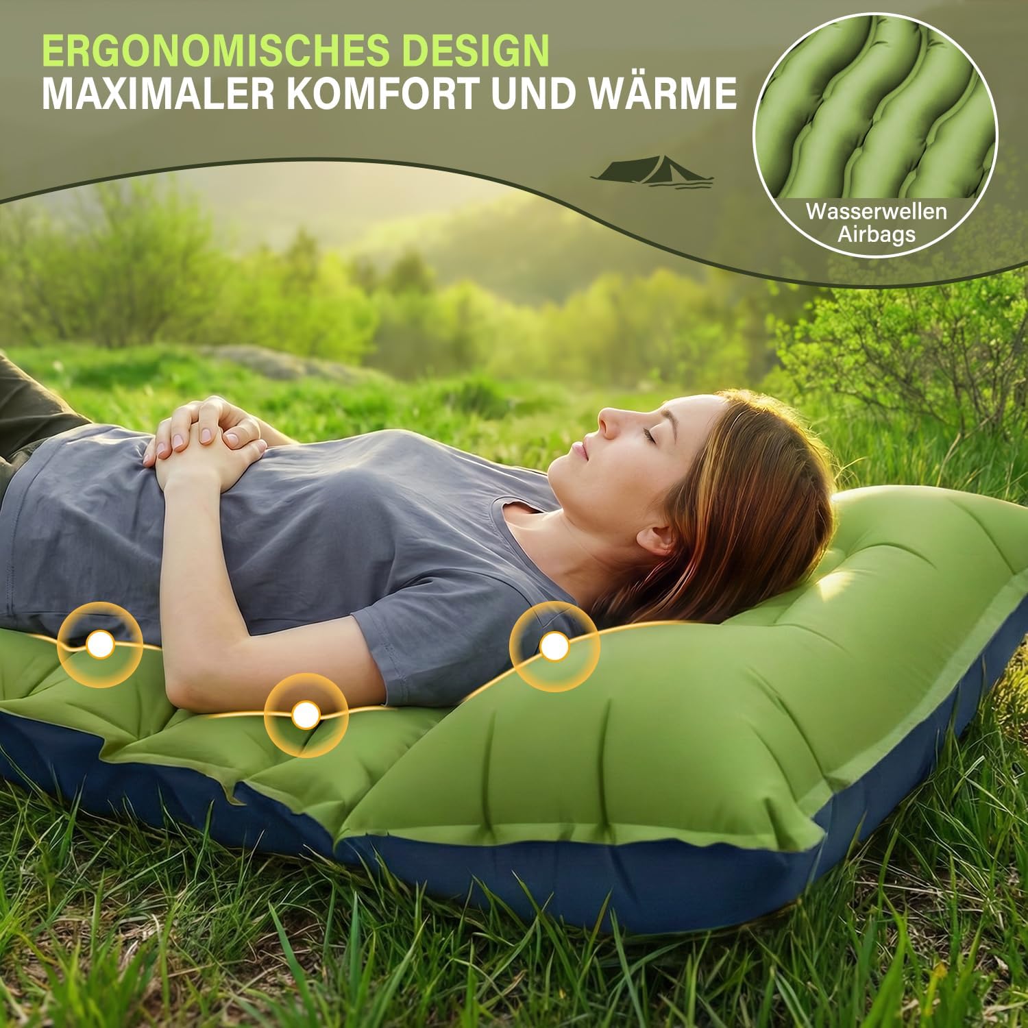 Detalle de Yuzonc Camping-Isomatte mit Fußpresse, Pumpe & Kissen – 195 x 68 x 10 cm